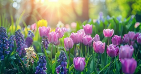 Nature's wide-format picture of youthful bright-blooming purple tulips in a park in the early morning sun.
