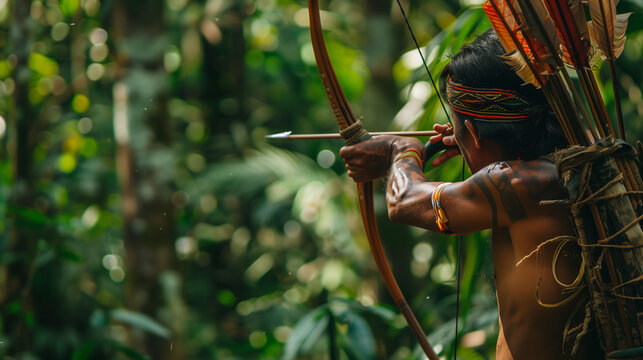 A member of the Yanomami Tribe is hunting in the Amazon rainforest, wearing traditional clothing and carrying a bow and arrow, with tall trees in the background.