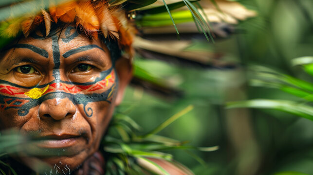 close-up of the Yanomami tribe, wearing traditional clothing with distinctive headdresses and body tattoos, Ai generated Images