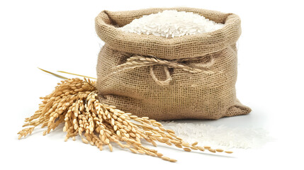 long rice in burlap sack with ears isolated on white background