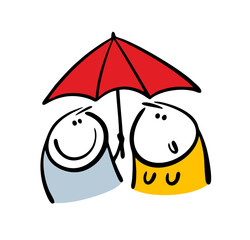 Doodle kind  man holds an umbrella over  woman. Vector cartoon illustration of a gentleman. Funny hand drawn guy protects  girl from the rain. Isolated stick figure persons on white background.