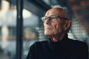 Fototapeta premium a man with glasses looking out a window