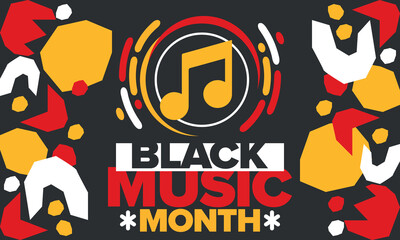 Black Music Month in June. African-American Music Appreciation Month. Celebrated annual in United States. Music concept. Poster, card, banner and background. Vector illustration