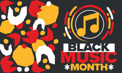 Black Music Month in June. African-American Music Appreciation Month. Celebrated annual in United States. Music concept. Poster, card, banner and background. Vector illustration