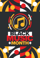 Black Music Month in June. African-American Music Appreciation Month. Celebrated annual in United States. Music concept. Poster, card, banner and background. Vector illustration