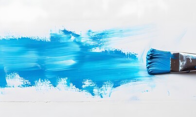 Paintbrush with sky blue stroke on white canvas background, Generative AI