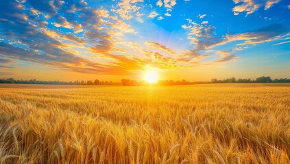 Obraz premium Golden ears of wheat close-up in sunshine, summer landscape with glowing sunlight and spikes of wheat in the sun. Beautiful cereal fields in nature on a sunset, summer landscape in the sunshine with