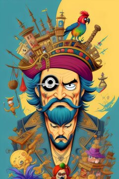 a detailed cartoon illustration of a pirate, man, swashbuckler, eyepatch, hook, beard, parrot, hat, bandana, sword, treasure, ship, buccaneer, sea, skull, crossbones, adventurous, fierce, nautical