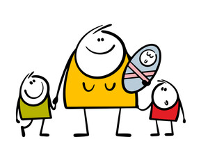 Satisfied woman mother holds a newborn in her arms. Vector illustration of doodle photo large family. Children and parents are smiling. Isolated cartoon stick figure persons on white background.