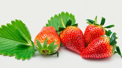 Strawberries with strawberry leaf on white background	
