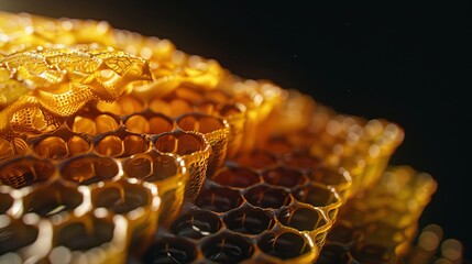 Close up of Honeycomb on black background.