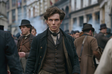 Fototapeta premium a man in a suit and tie standing in a crowd