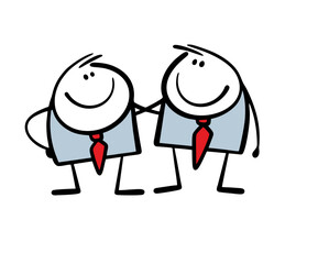 Two friendly businessmen in business suits hug each other. Vector illustration of friends and colleagues doing successful business together in office. Isolated doodle chatacter on white background.