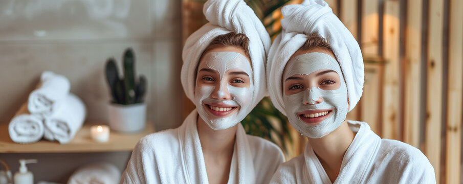 Photograph of a group of women in bathrobes and masks at a spa party, concept of service industry and beauty care cosmetology, vacationing together, friendship, spa bachelorette party
