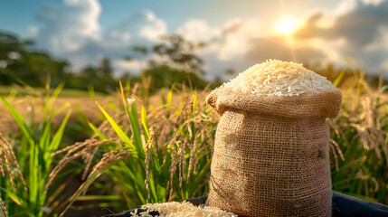 white rice in burlap bag and ears on table against the green agricultural field with sunlight