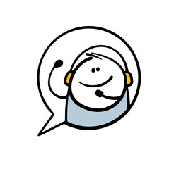 Stickman dispatcher in headphones and with  microphone communicates with the client. Vector illustration of the store's technical support. Isolated cartoon character on white background.