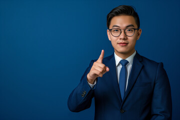 Photo of an adult asian male in business pointing with his hand at the screen on Navy blue background, stock photo, copy space for text, banner