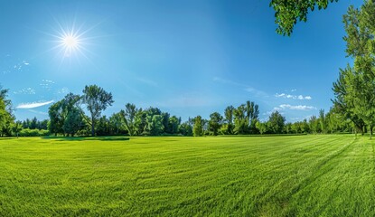 Fototapeta premium Nature scene of a manicured country lawn surrounded by trees and shrubs on a bright summer day.