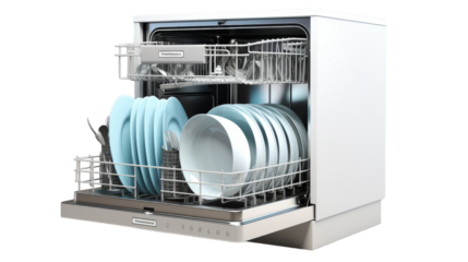 Modern Dishwasher With Blue Plates and Cutlery