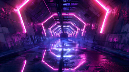A digital illustration of a futuristic corridor bathed in vibrant neon lights, with a perspective that draws the eye towards infinity