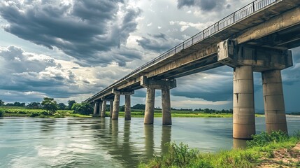 Fototapeta premium long bridge over wide river with a cloudy sky green vegetation as a background