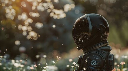 A man wearing a black futuristic astronaut suit exploring the garden. Generative AI. 