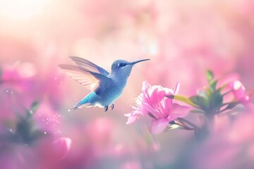 In spring, a lovely hummingbird is flying over flowering plants. AI generated.