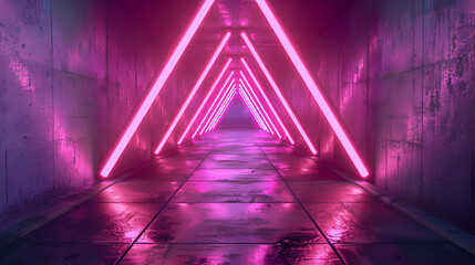 Fototapeta premium A vibrant corridor with glowing neon triangle shapes creating a futuristic tunnel effect ,3D abstract background with neon lights neon tunnel space construction 