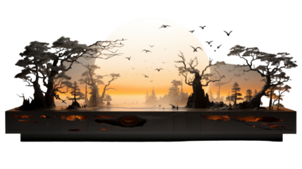 Silhouette of Trees and Birds at Sunset in a Miniature Landscape