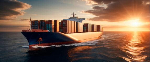Container ship at sunset on the open sea.