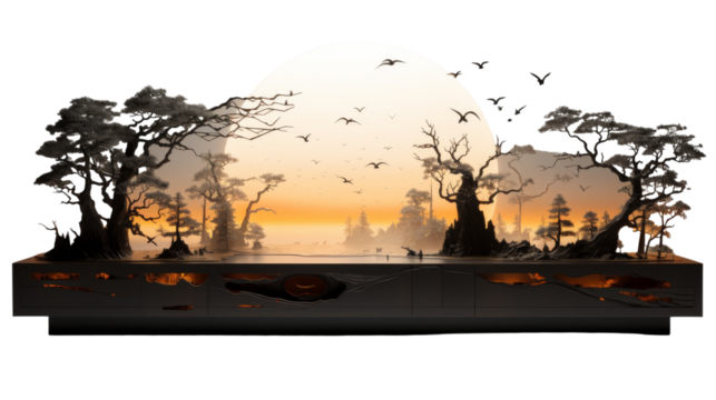 Silhouette of Trees and Birds at Sunset in a Miniature Landscape