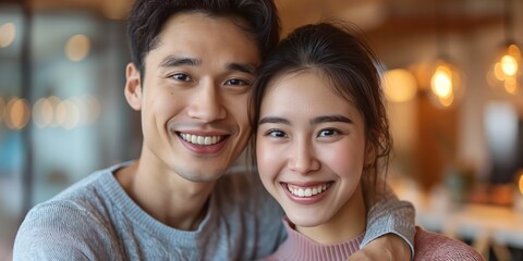 Fototapeta premium A Chinese couple beams with love, bonding in a joyful selfie, embracing at home.