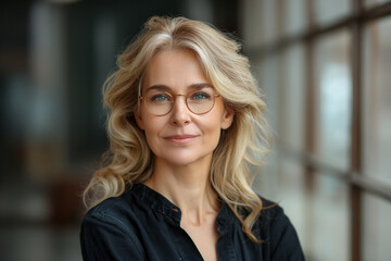 A successful, professional Caucasian businesswoman exudes confidence and elegance in an outdoor portrait.