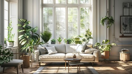 Fototapeta premium white and brown color interior design with abstract wall and sofa background with green plants with the mirror in the background of the interior 