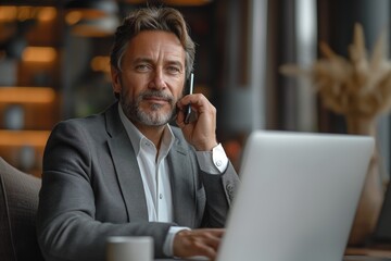 A professional Caucasian businessman multitasks with a laptop and smartphone in an office setting.