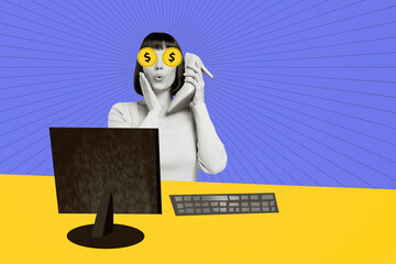 Composite collage image of female working coins eyes earning big money phone call deal fantasy billboard comics zine minimal