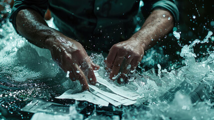 Fototapeta premium A close-up shot of hands submerged in water with papers scattered around