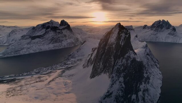 Aerial view of Senja island view from Hesten summit at sunrise, Nordland, Noway