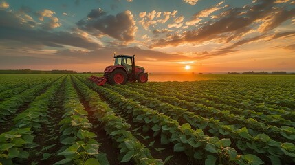 Tractor spraying crops with pesticidesin field