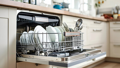 Open dishwasher with clean dishes in the white kitchen