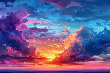 Fototapeta premium An excellent cinematic lighting, pastel colors, and a beautiful natural background with pink fluffy clouds at sunset.