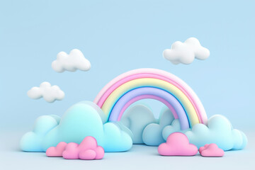 Multicolored rainbow and clouds. 3d volumetric background illustration for design. 