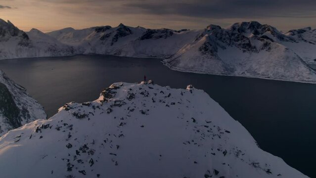 Aerial view of Senja island view from Hesten summit at sunrise, Nordland, Noway