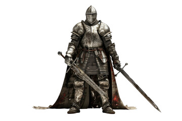 Fototapeta premium Medieval knight in full armor with sword and shield, standing ready for battle with a background of myth and history.