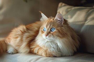 It's an AI-generated image of a cute red-striped young cat sleeping on a gray sofa.