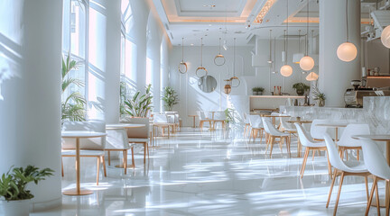 All white cafe, luxury interior design, modern and contemporary. Generative AI.