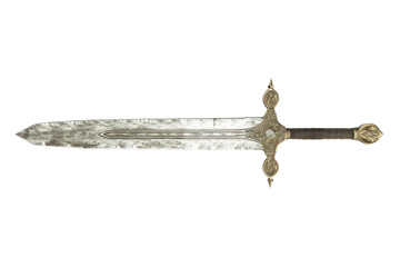 Vintage medieval sword with intricate design on the hilt and a weathered blade on a transparent background. ideal for historical or fantasy themed projects.