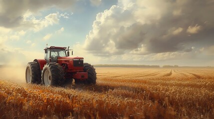 Fototapeta premium Tractor spraying crops with pesticidesin field