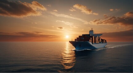 Obraz premium Container ship at sunset on the open sea.