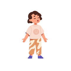 Cute little singer performs with song. Kid vocalist sings in festive music concert. Talented child shows with vocal performance, standing with closed eyes. Flat isolated vector illustration on white